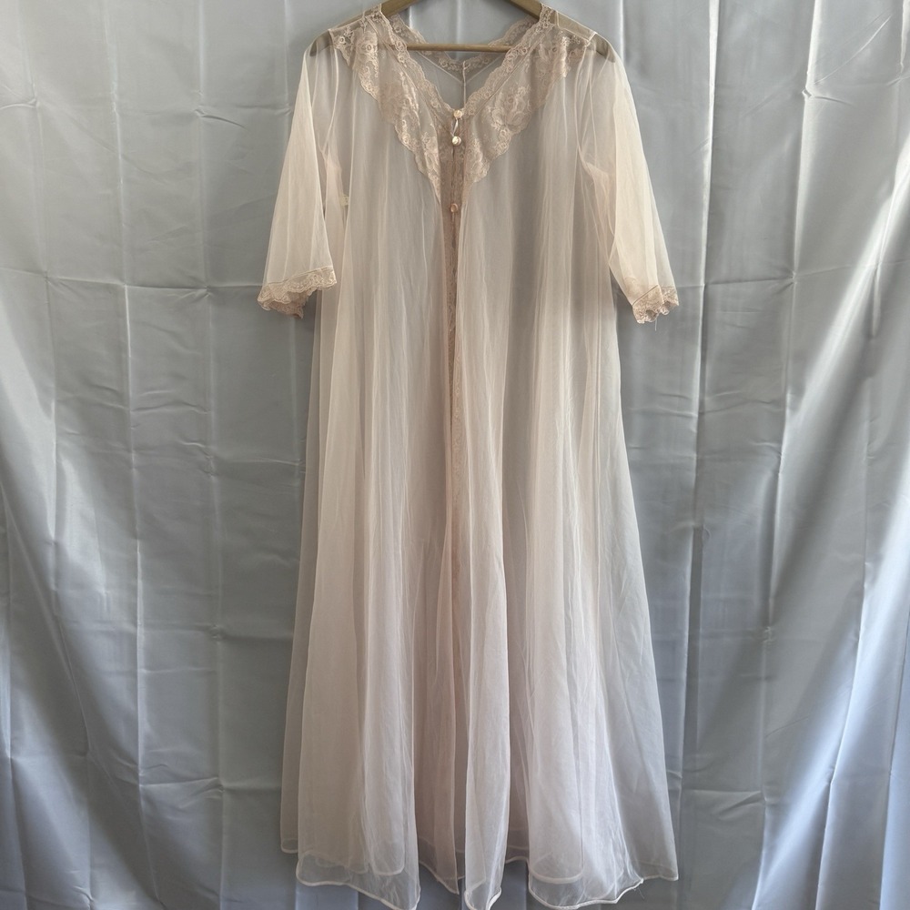 VTG 60s S Pink Sheer Double Chiffon Lace‎ Robe Peignoir Sexy Innocent Babydoll
